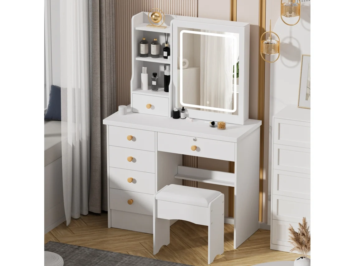 Tocadores Para Quarto Led - Biplut - 6 Gavetas - Banco Acolchoado - Três Modos De Iluminação - Estilo Moderno - Branco - 80 X 132 X 36 Cm
