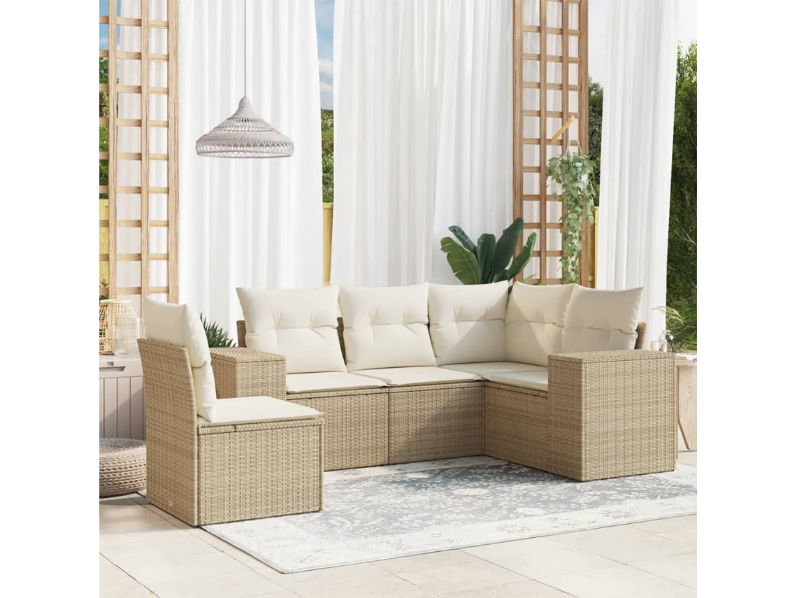 Vidaxl 5 Pcs Conjunto De Sofás P/ Jardim Com Almofadões Vime Pe Bege