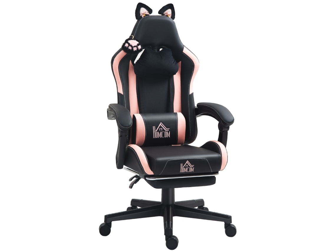 Cadeira Gamer Orelhinhas De Gato, Encosto Reclinável, Apoio Para Os Pés Retrátil, Até 120kg, Rosa/preto.