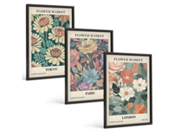 Conjunto De Pinturas Pôsteres Florais Tóquio Paris Londres Moldura Preta Quadros Para A Sala De Estar Espelharte (3 Piezas De 40x60 Cm)