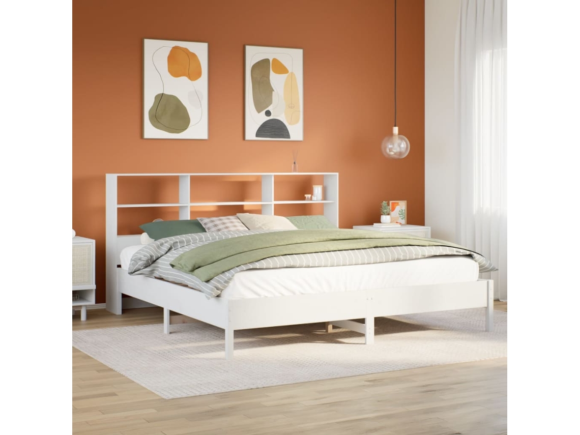 Vidaxl Cama Com Estante Sem Colchão 180x200 Cm Pinho Maciço Branco