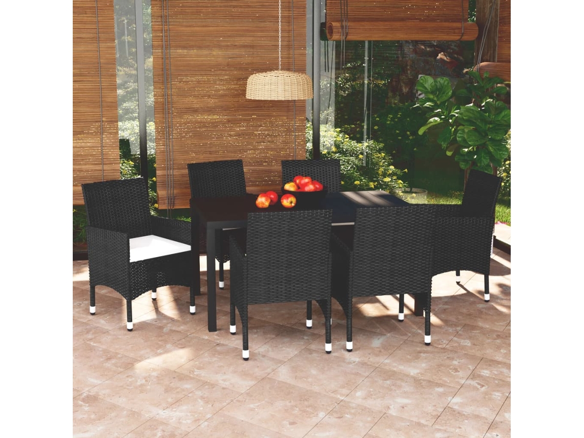 7 Pcs Conjunto De Jantar P/ Jardim C/ Almofadões Vime Pe Preto Dkd Home Decor
