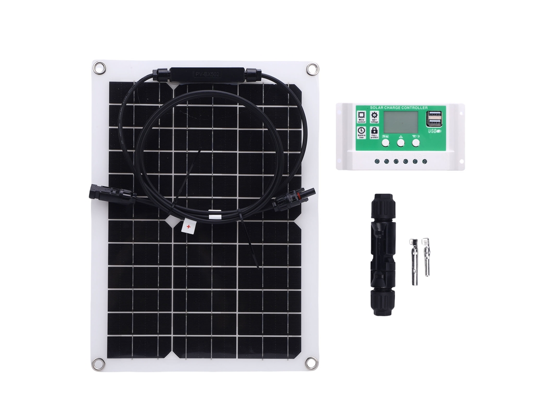 Um conjunto de carregador com painel solar de 15 W e 18 V, universalmente compatível com vários tipos de baterias.