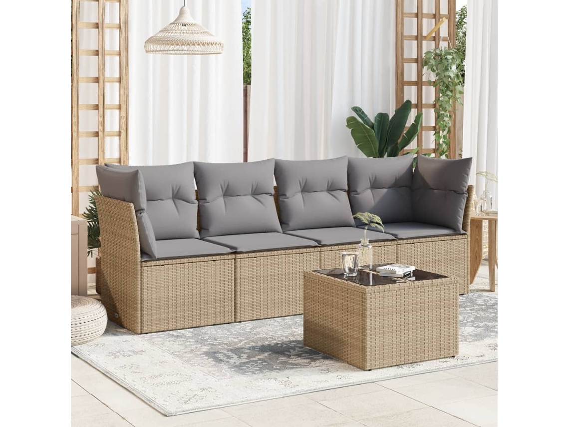 5 Pcs Conjunto De Sofás P/ Jardim Com Almofadões Vime Pe Bege Dkd Home Decor