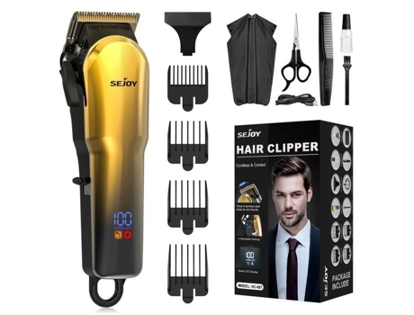 Cortador De Cabelo Masculino Profissional Sejoy, Cortador De Precisão Recarregável Com Tela De Led Sem Fio, 4 Pentes Guias, Dourado