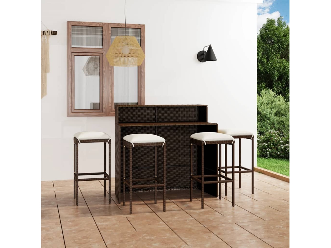 Vidaxl 5 Pcs Conjunto De Bar Para Jardim Com Almofadões Castanho