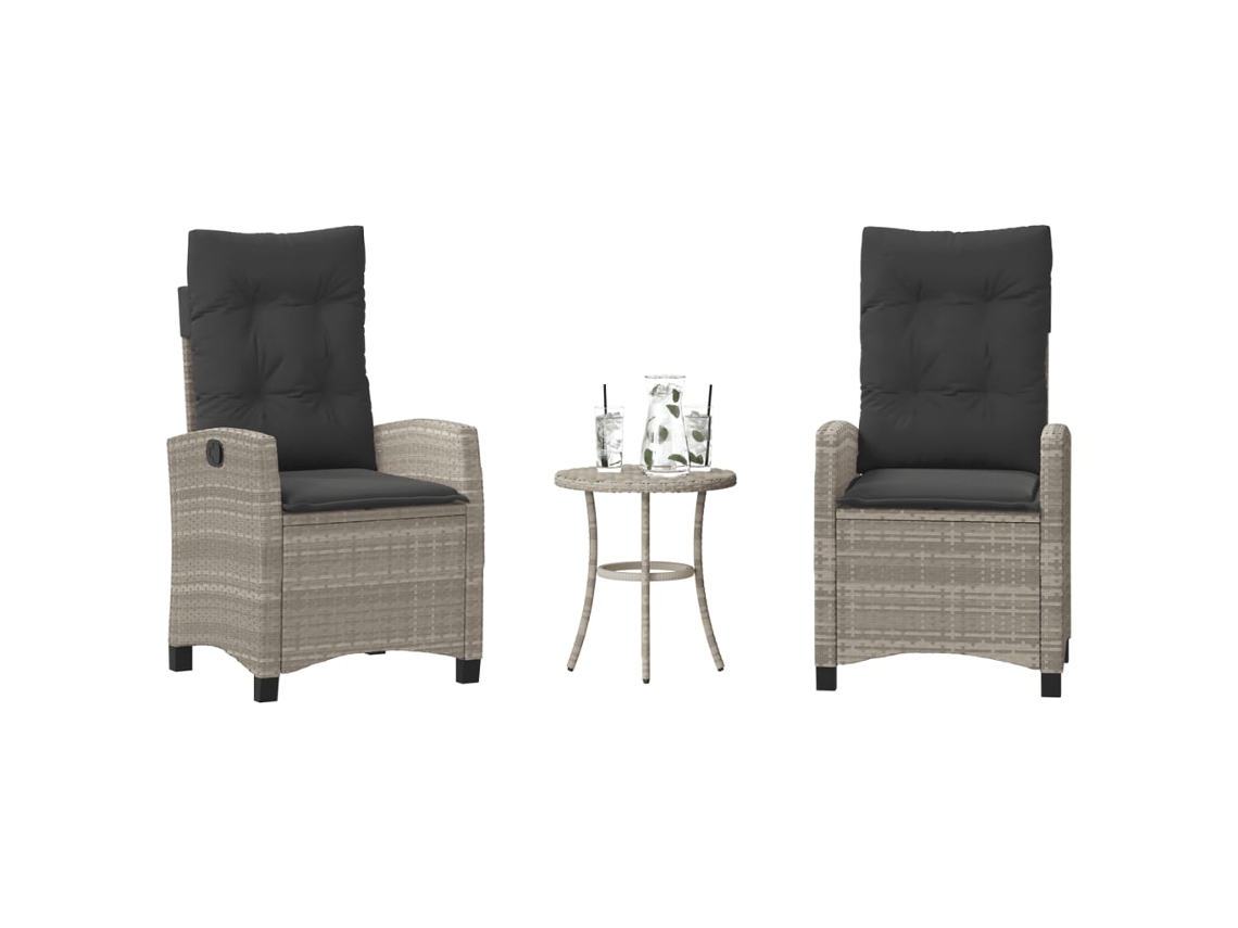 Vidaxl 3 Pcs Conjunto Bistrô Com Almofadões Vime Pe Cinzento Claro
