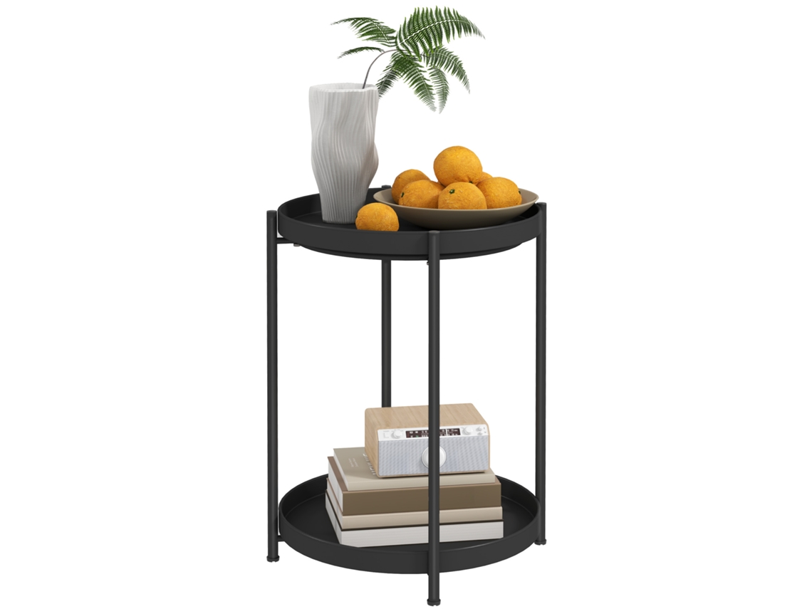 Mesa Lateral Redonda com Prateleira,mesa de Café de 2 Níveis para Sala,quarto,espaços Pequenos,metal Preto BTFORUS