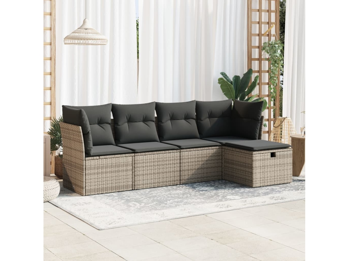Vidaxl 5 Pcs Conjunto Sofás De Jardim C/ Almofadões Vime Pe Cinzento