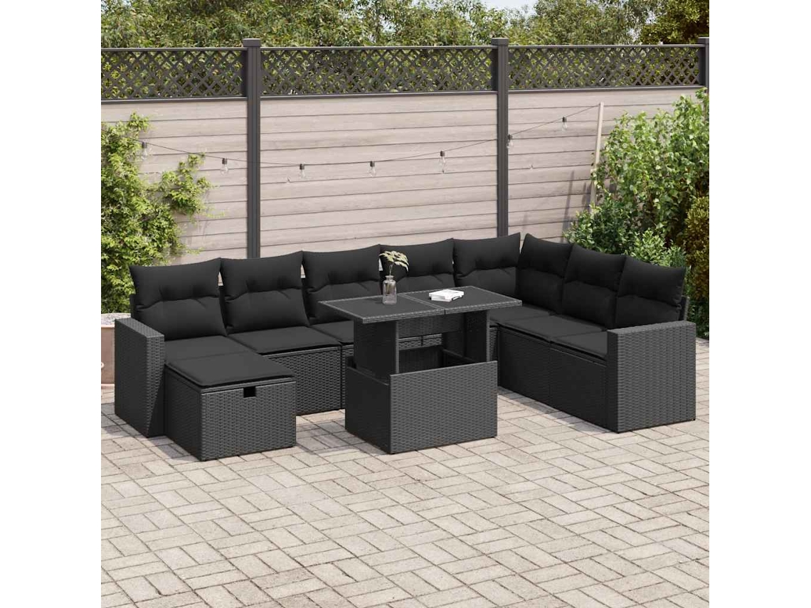 Vidaxl 9 Pcs Conjunto De Sofás P/ Jardim C/ Almofadões Vime Pe Preto