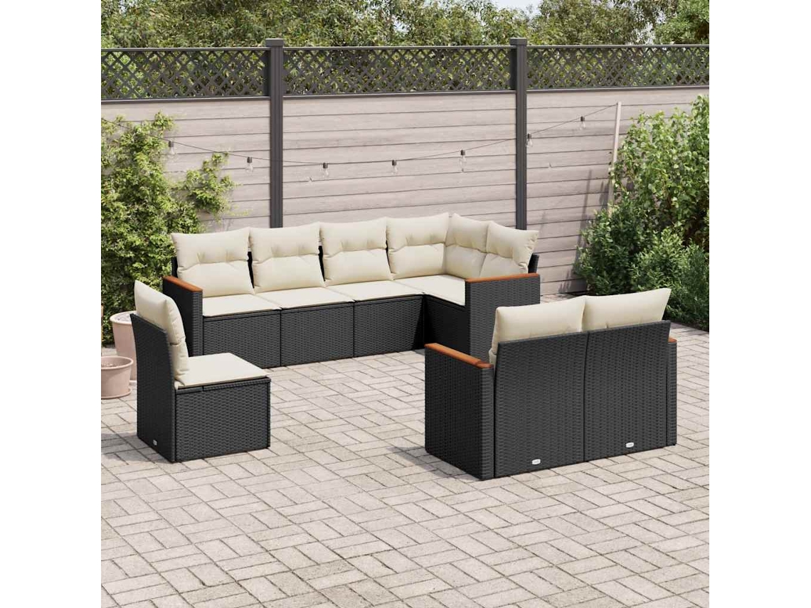 Vidaxl 8 Pcs Conjunto Sofás De Jardim Com Almofadões Vime Pe Preto