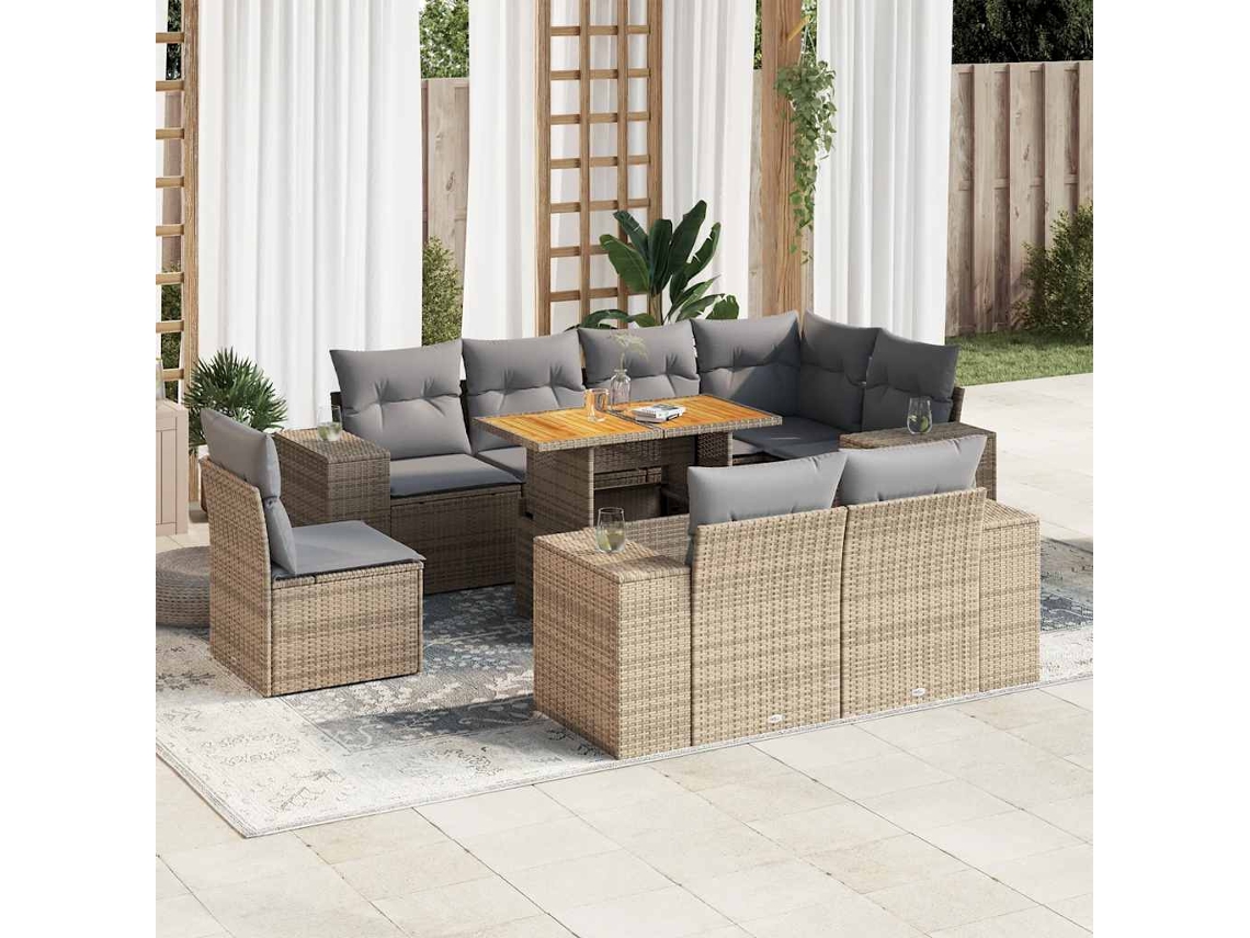 Vidaxl 9 Pcs Conjunto De Sofás P/ Jardim Com Almofadões Vime Pe Bege