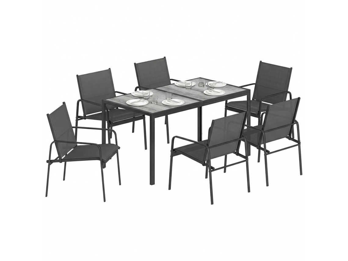 Conjunto De Mesa E Cadeiras De Jardim De 7 Peças Com Mesa Com Efeito Madeira E 6 Cadeiras Com Assento Respirável Preto