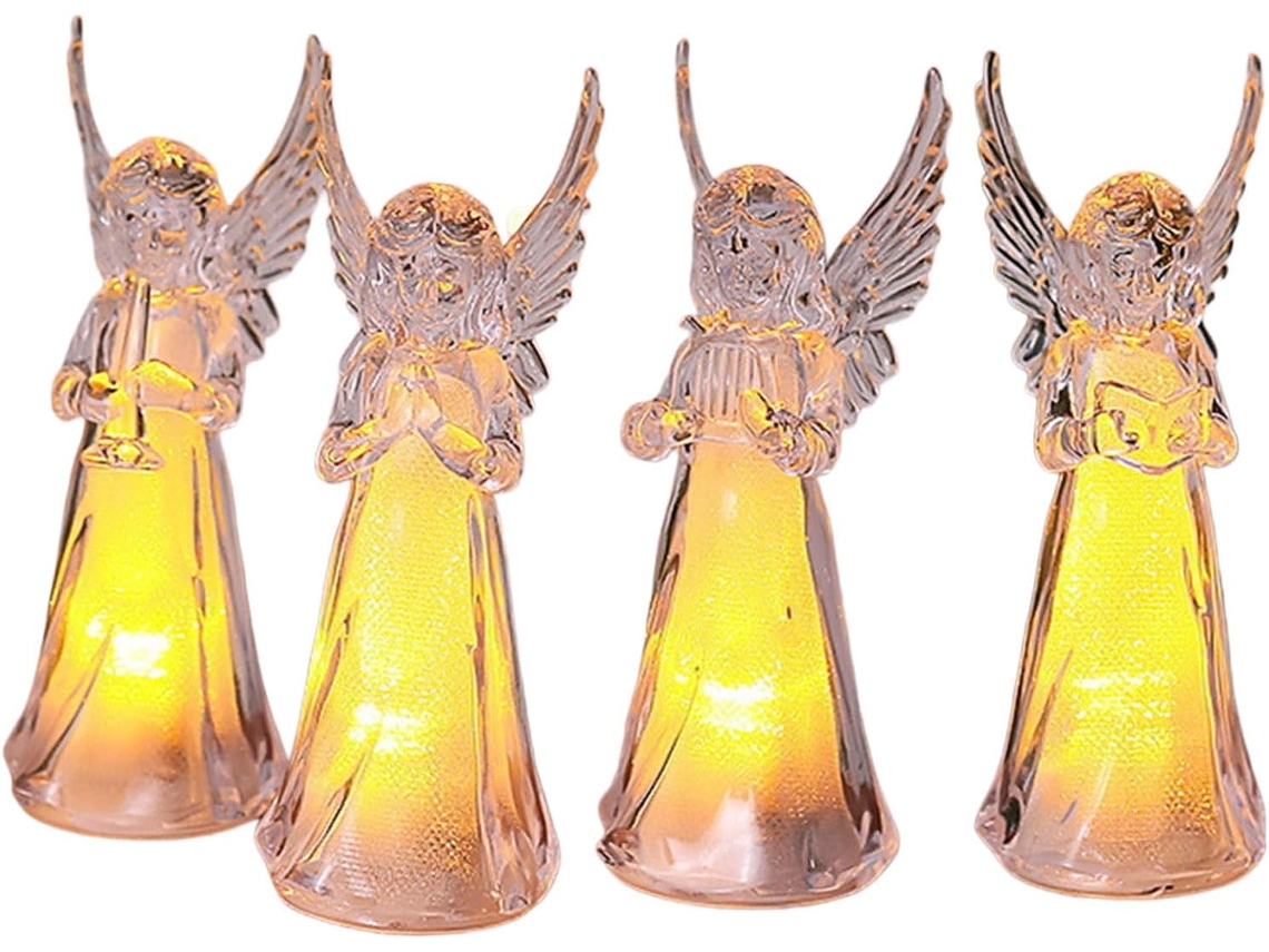 Conjunto De 4 Estátuas Anjos Em Acrílico Brilhantes Com Led Para