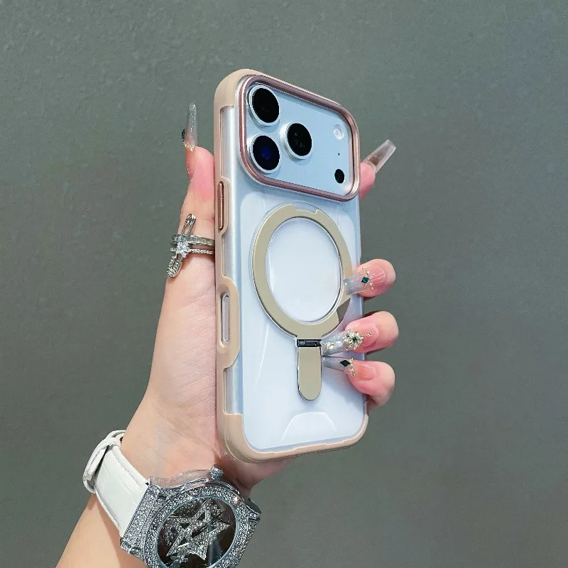 Capa Magnética Para Iphone 15 Pro (cáqui) Com Suporte De Anel De Metal Transparente E Acabamento Fosco.