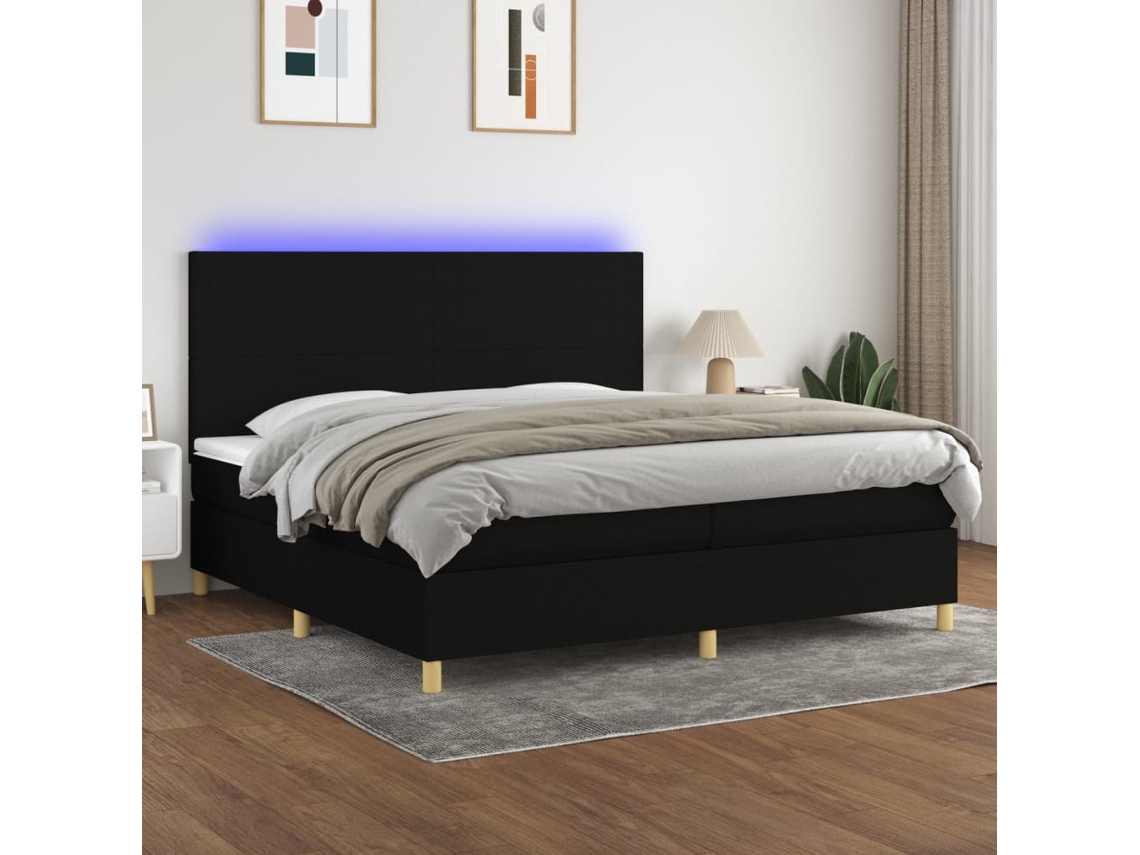 Cama Box Spring C/ Colchão E Led 200x200 Cm Tecido Preto