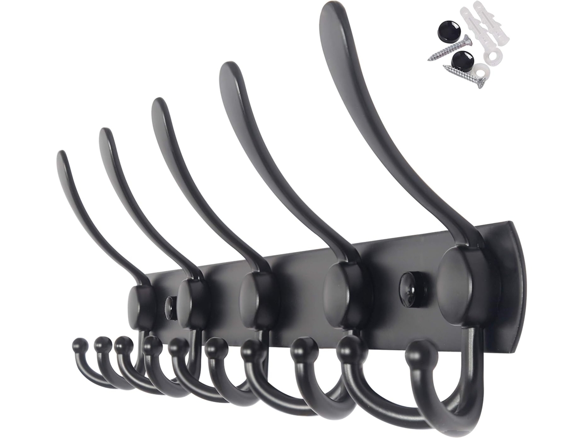 Cabide de Parede Preto com 5 Ganchos Triplos para Pendurar Roupas, Ideal para Mochilas BRILVIBERA