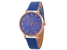 Relógio de Pulso Feminino de Quartzo com Esfera Céu Estrelado Roxo e Pulseira de Couro Azul Safira