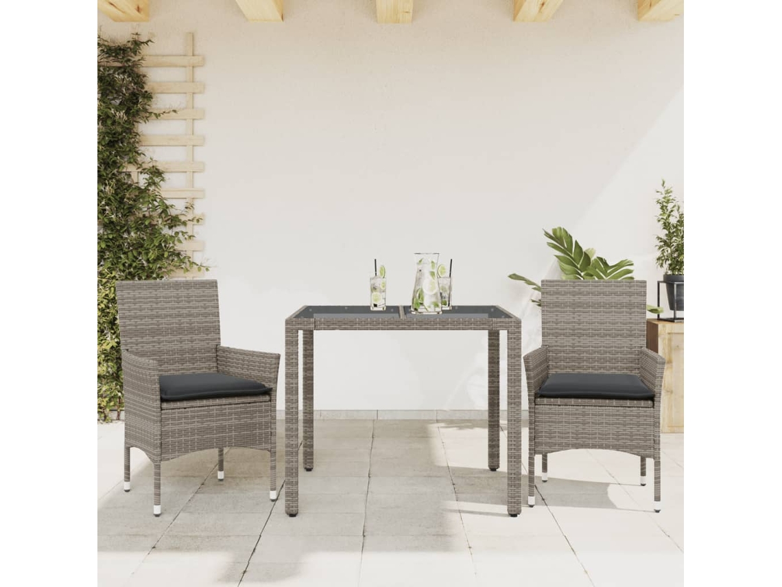 Conjunto 3 Peças Jantar Jardim C/ Almofadões Vime Pe/vidro Cinza Dkd Home Decor