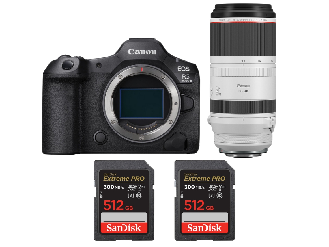 Eos R5 Mark Ii + Rf 100 500mm F/4.5 7.1 L Is Usm + 2 Sandisk 512gb Uhs ii 300mb/s + Ebook “20 Dicas para Fotos Que Impressionam” CANON