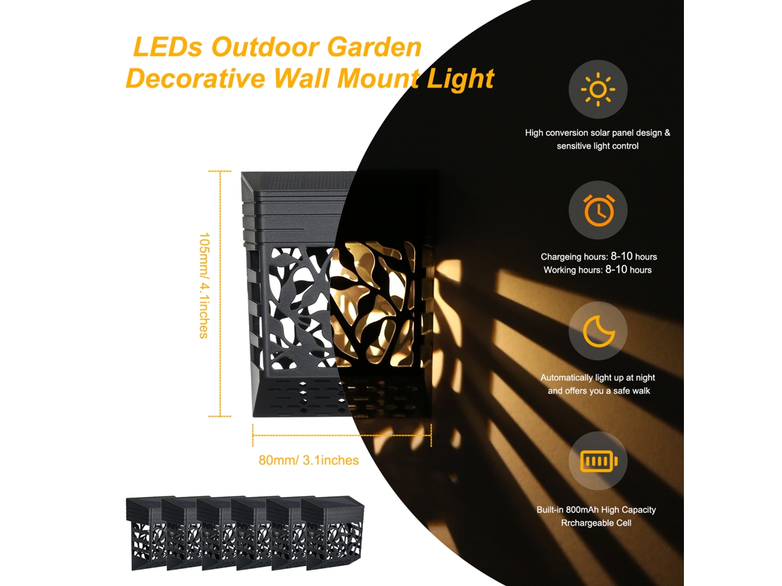 6 Pcs Luz de Pared Solar Ip55 com Luz Quente rgb, Design Recortado, Controle sensível para Jardim | S/MARCA