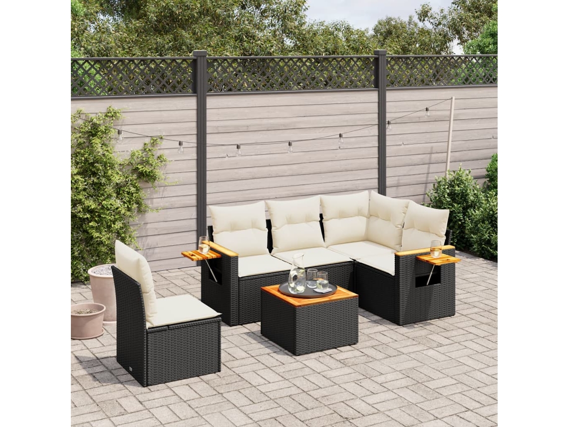 Vidaxl 6 Pcs Conjunto Sofás De Jardim C/ Almofadões Vime Pe Preto
