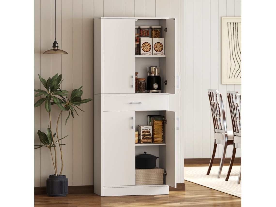 Armário De Cozinha 4 Portas, 1 Gaveta, Prateleiras Ajustáveis, Sistema Anti-tombamento, Para Sala De Jantar E Estar, 70,8x34x180cm, Branco E Prata