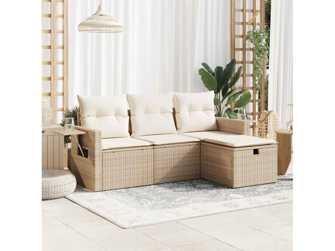 4 Pcs Conjunto De Sofás Para Jardim C/ Almofadões Vime Pe Bege Lovely Home