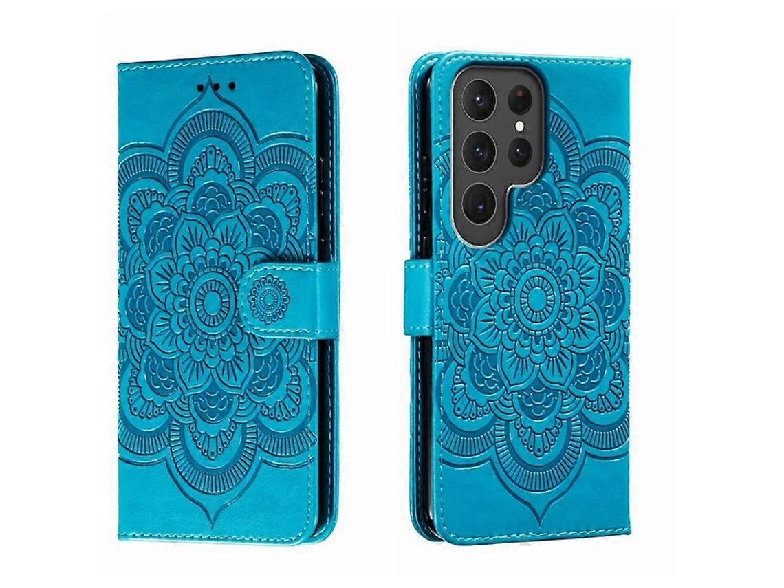Capa De Couro Para Celular Samsung Galaxy S23 Ultra 5g Com Estampa De Mandala Solar Em Relevo