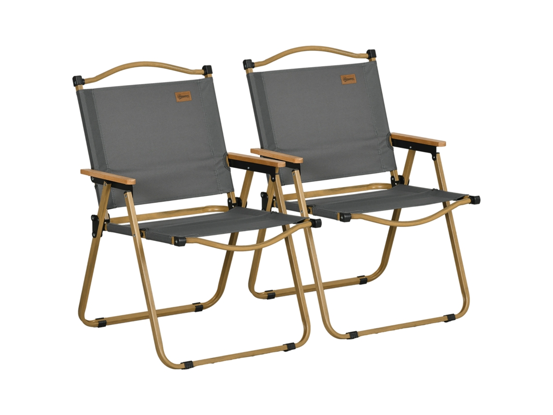 Conjunto 2 Cadeiras Camping Jardim Dobráveis Aço Efeito Madeira Oxford Cinza Escuro-okc