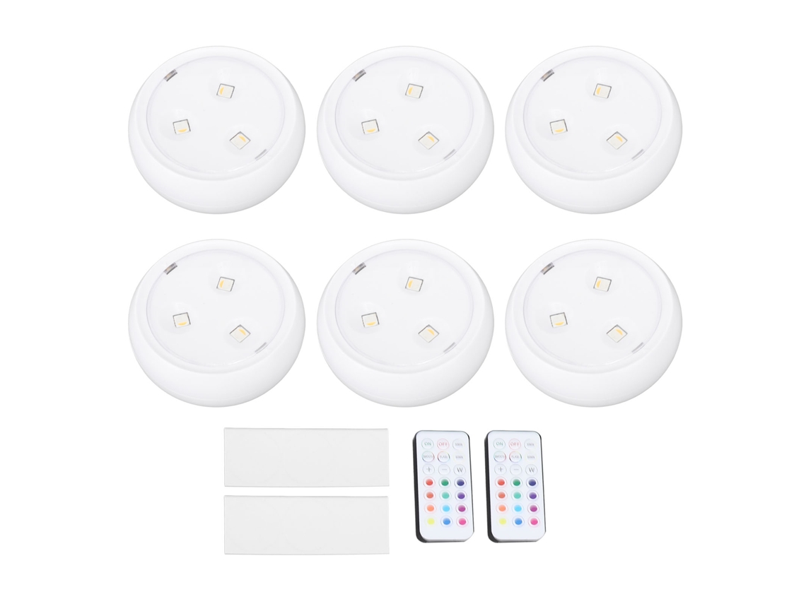 Conjunto de 6 Lâmpadas Puck Led RGB sem fio com controle remoto e timer para armários, gavetas e estantes | S/MARCA