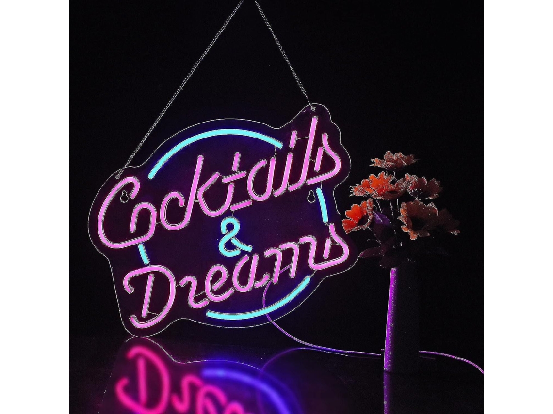 Letreiro Néon "cocktails And Dreams 2024" Regulável Decoração Parede Bar Hotel Festa Led