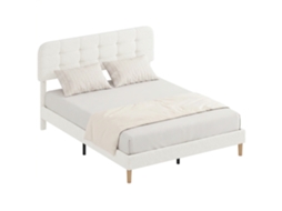Estrutura De Cama De 160x200 Cm, Com Base De Ripas, Cabeceira Ajustável, Cama De Casal, Estofamento Em Lã Macia, Estrutura De Madeira, Branca.