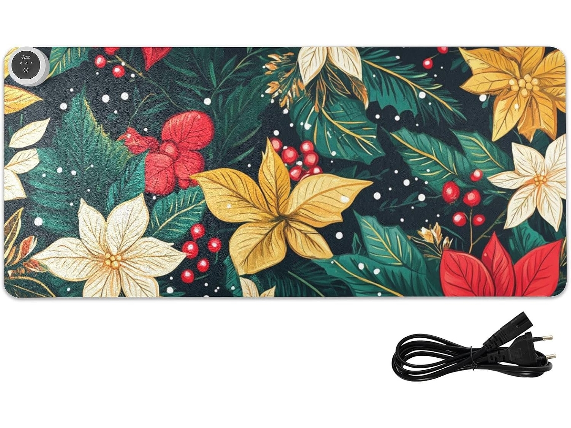 Mousepad Grande e Aquecido, Feito de Mistura Poliuretano com Estampa Floral Natalina, 80 X 33 Cm, Ideal para o