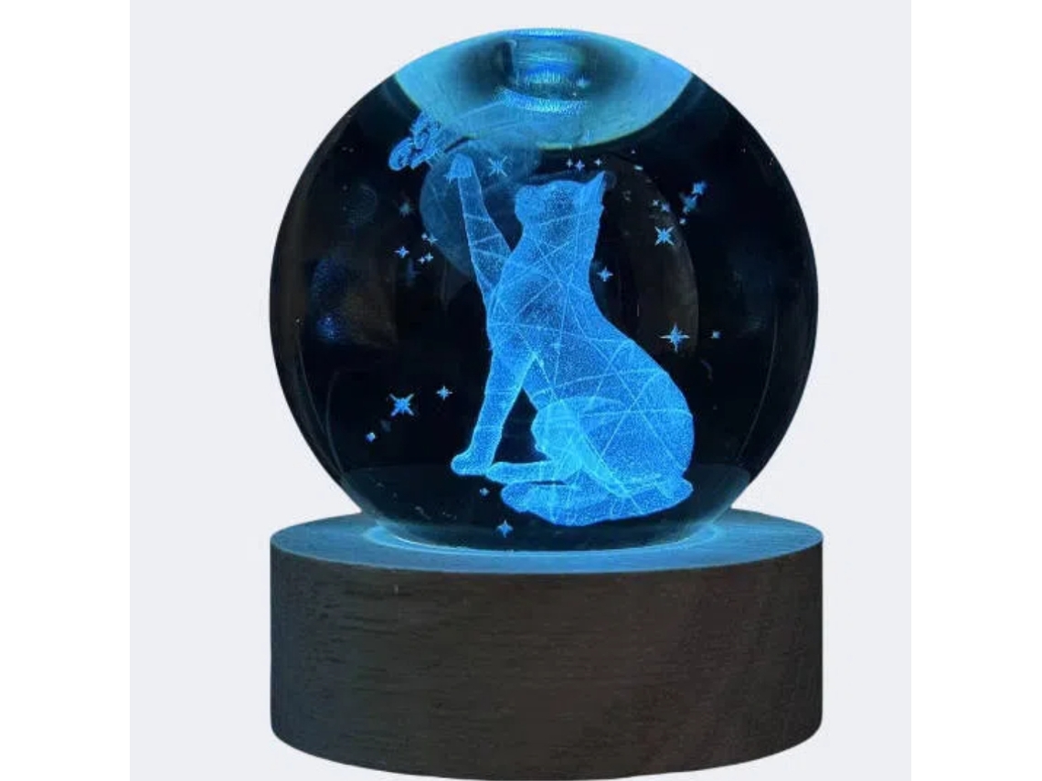 Luminária Noturna Colorida Em Formato De Gato E Borboleta, Gravada A Laser Em 3d, Com Base De Madeira.
