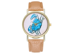 Relógio de pulso de quartzo com pulseira de couro PU, design simples de caranguejo em estilo cartoon, bege T165-a