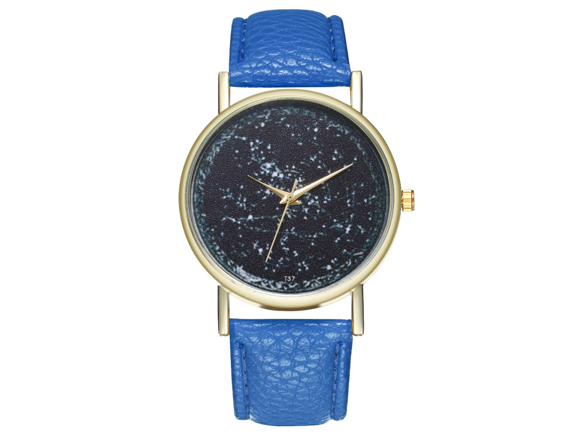 Relógio de quartzo unissex com pulseira de couro PU e mostrador azul royal moderno.