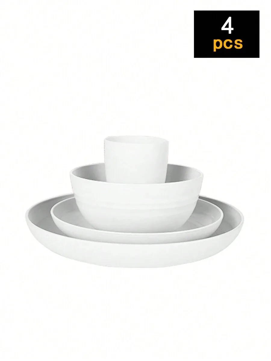 Conjunto De Talheres Reutilizáveis De Plástico (4 Peças, Branco), Incluindo Prato, Tigela E Copo.