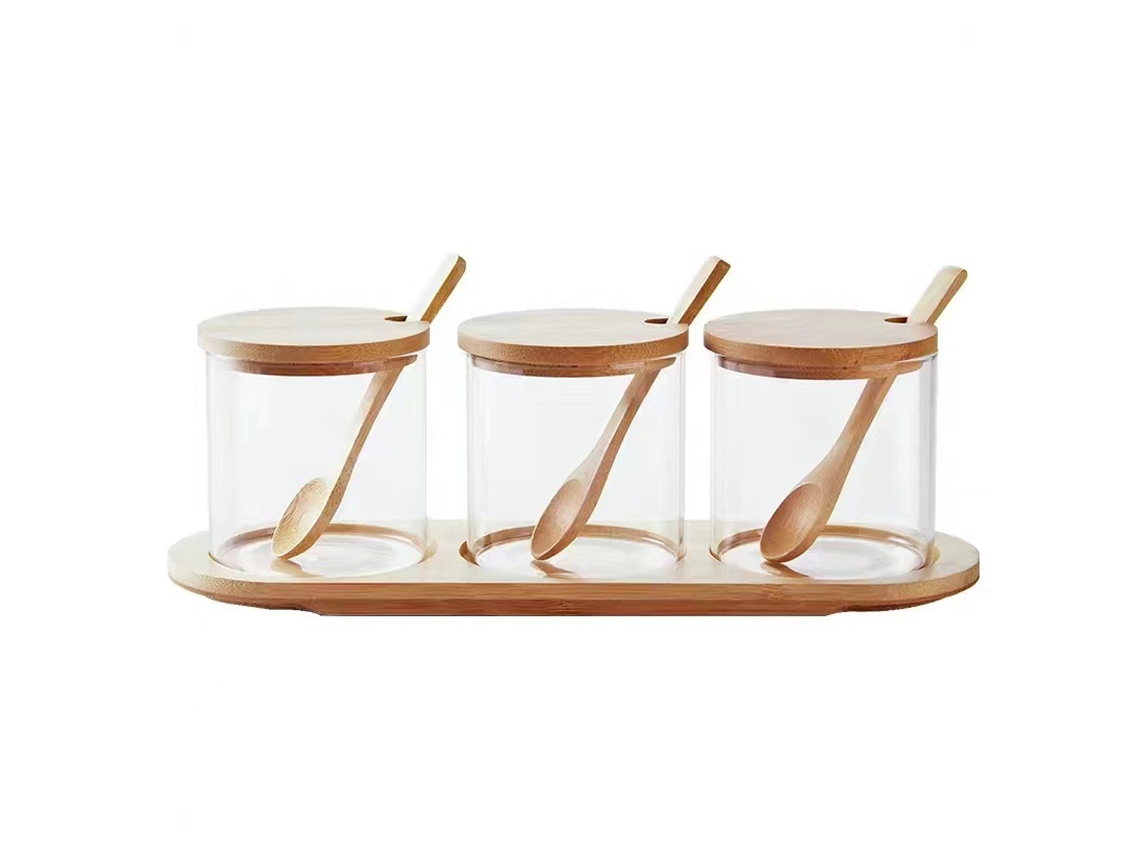 Conjunto de 3 Frascos de Vidro com Tampa de Madeira Ideal para Armazenamento de Especiarias NEVEANCE