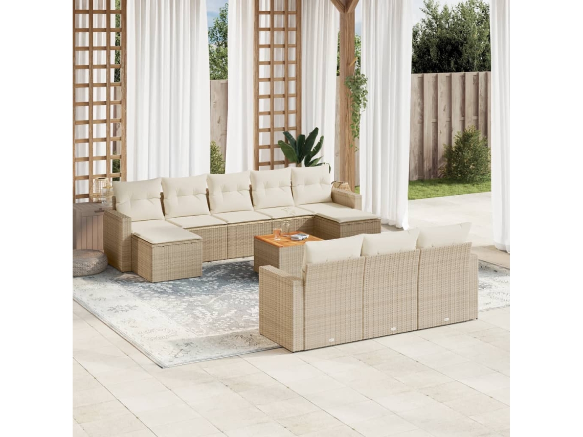 Vidaxl 11 Pcs Conjunto Sofás De Jardim C/ Almofadões Vime Pe Bege