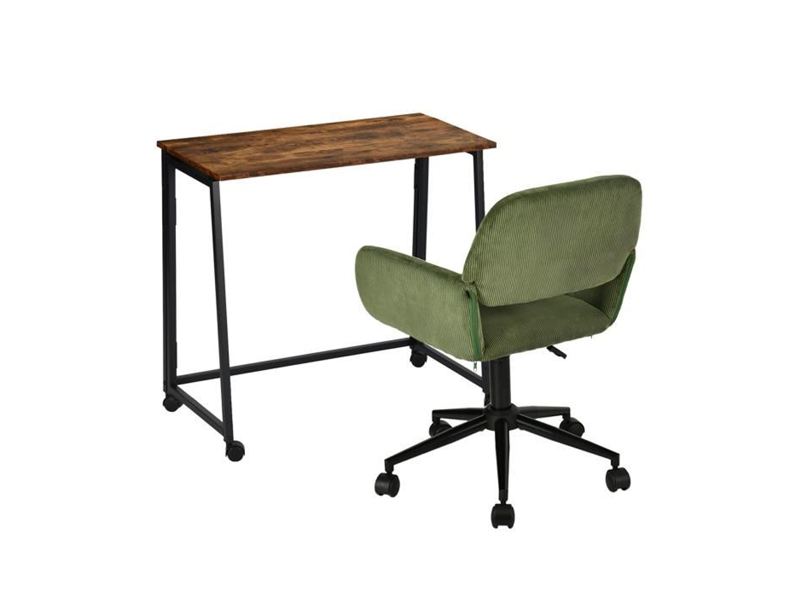 Conjunto De Escritório Compacto Mesa Dobrável Marrom Com Rodinhas Cadeira De Escritório Confortável Em Tecido Verde Meubles Cosy