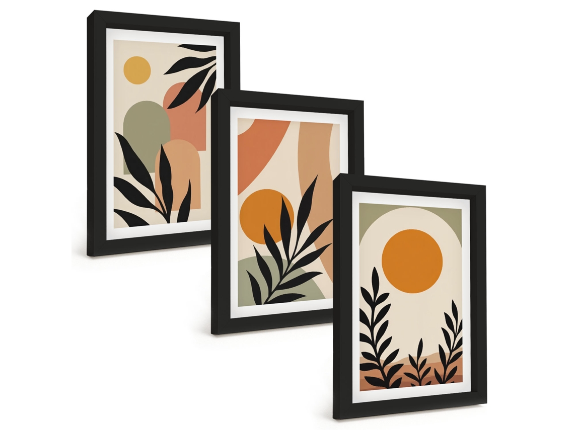 Galeria De Pinturas Muraisformas Florais Abstratas Moldura Preta Fotos Para O Escritório Espelharte (3 Peças 20x30 Cm)