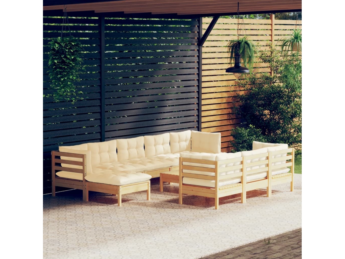 11 Pcs Conjunto Lounge Jardim C/ Almofadões Creme Pinho Maciço Dkd Home Decor