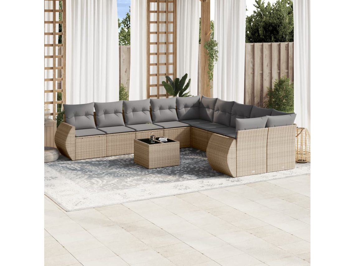 Vidaxl 11 Pcs Conjunto Sofás De Jardim C/ Almofadões Vime Pe Bege