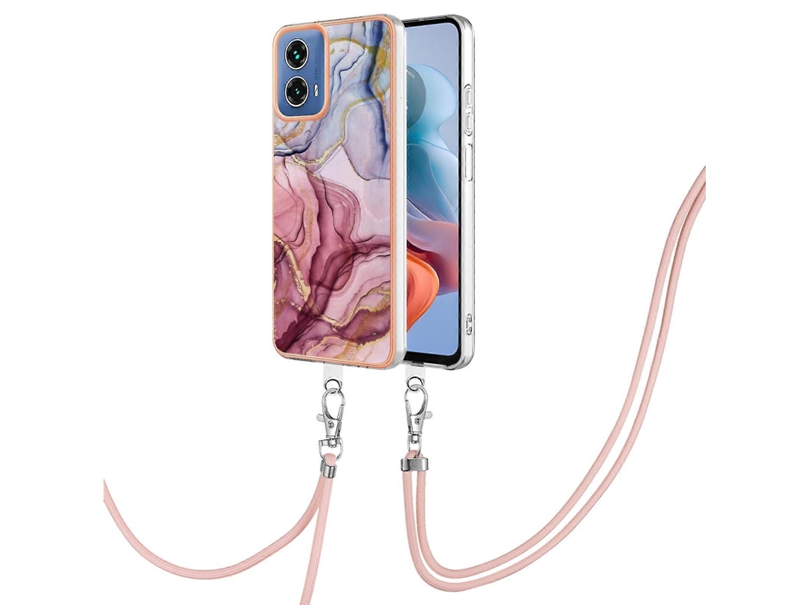 Capa Dupla Face Imd Com Efeito Mármore Eletroplaqueado Para Motorola Moto G34 Com Cordão.