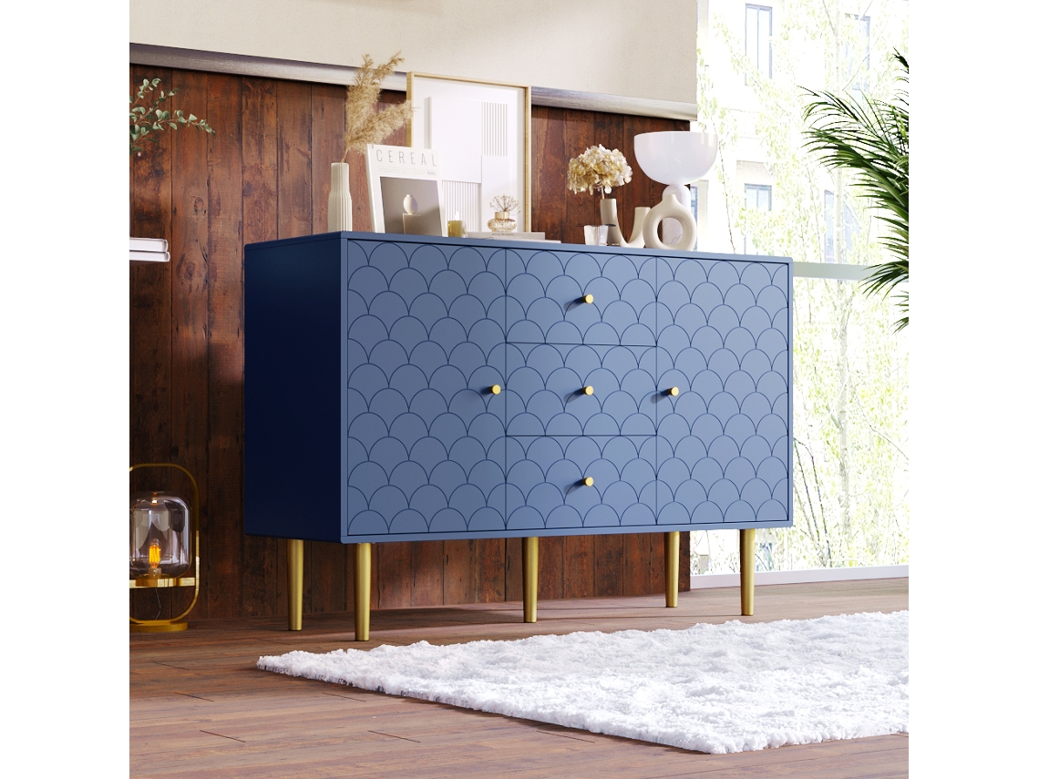 (=905467aab)cómoda De Gavetas Com Aparador Com 2 Portas E 3 Gavetas, Prateleira Ajustável, Para Quarto Da Sala, Azul-marinho, H83/w120/d40 Cm-hm
