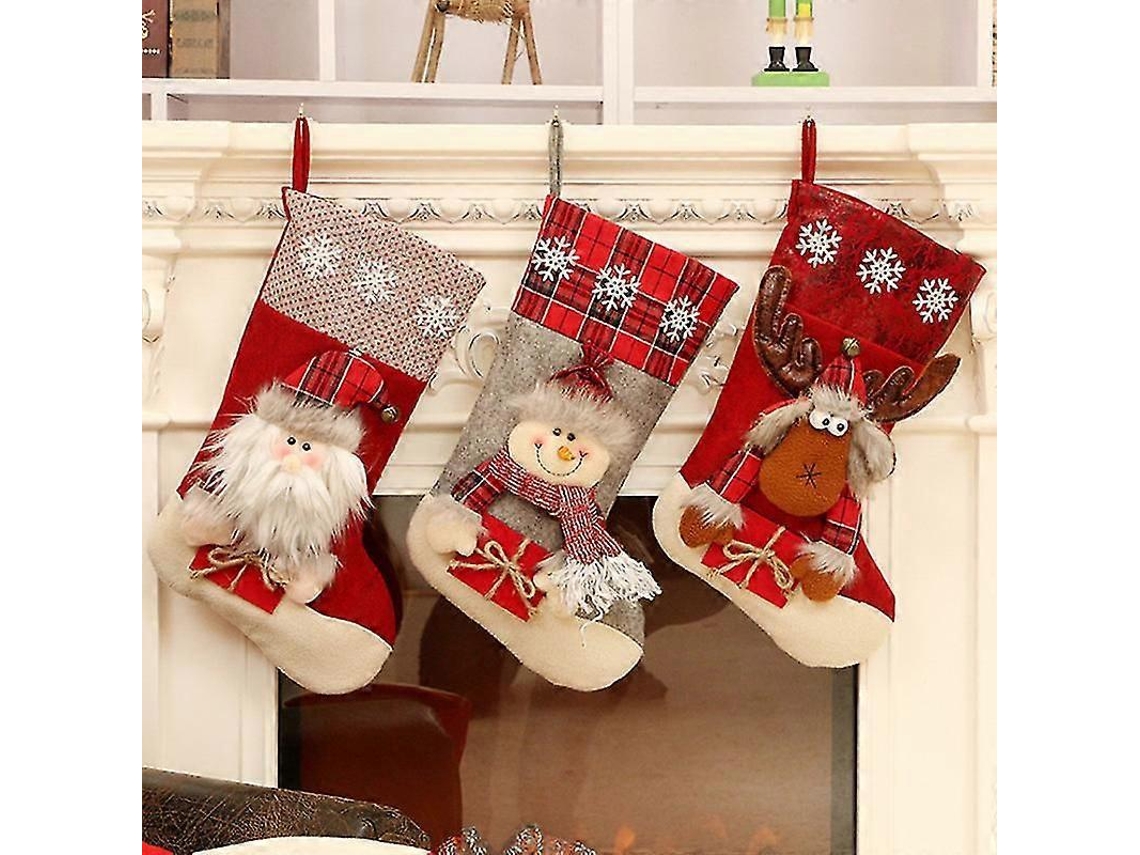 Conjunto De 3 Meias De Natal Boneco De Neve, Rena, Pelúcia 3d Com Punhos De Pele Sintética, Decoração De Natal E Acessório De Festa. Loja Olysi