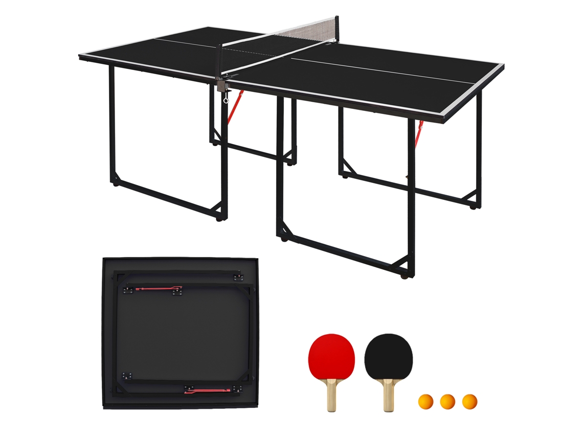 Mesa De Tênis De Mesa 1,8 M Dobrável Portátil Com Rede, 2 Raquetes E 3 Bolas, Preta