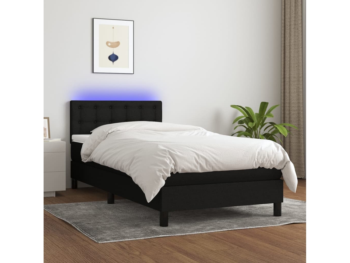 Cama Box Spring C/ Colchão E Led 100x200 Cm Tecido Preto