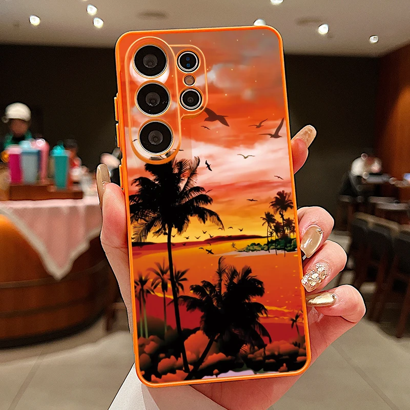 Capa Para Celular Galaxy S23 Com Estampa De Coqueiro À Beira-mar E Fecho Magnético (laranja).